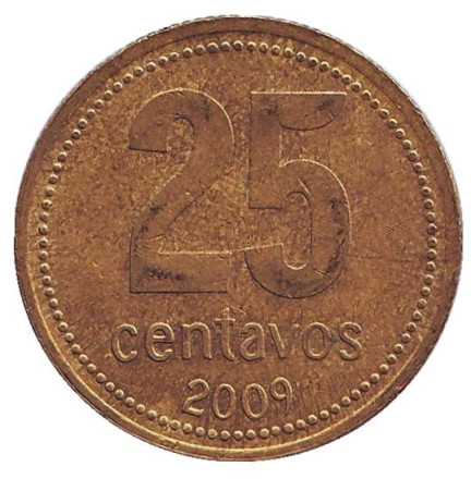 Монета 25 сентаво. 2009 год, Аргентина. (Прямой хвостик у "9") Ратуша Буэнос-Айреса.