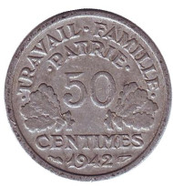 Монета 50 сантимов. 1942 год, Франция. Монета 50 сантимов. 1942 год, Франция.