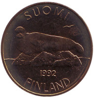 Монета 5 марок. 1992 год, Финляндия. UNC. Тюлень.