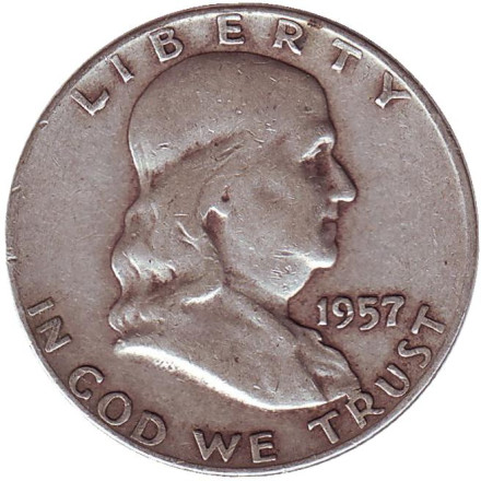 Монета 50 центов. 1957 год (D), США. Франклин.