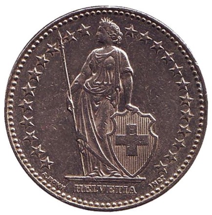 Монета 2 франка. 2003 год, Швейцария. Гельвеция. Монета 2 франка. 2003 год, Швейцария. Гельвеция.