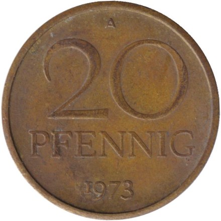 Монета 20 пфеннигов. 1973 год, ГДР.