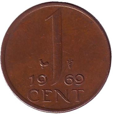Монета 1 цент. 1969 год, Нидерланды. (петух)
