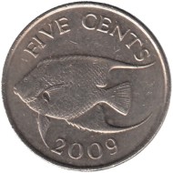 Монета 5 центов. 2009 год, Бермудские острова. Тропическая рыба (Ангел-королева).  Монета 5 центов. 2009 год, Бермудские острова. Тропическая рыба (Ангел-королева).