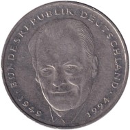 Монета 2 марки. 1994 год (J), ФРГ. Вилли Брандт. Монета 2 марки. 1994 год (J), ФРГ. Вилли Брандт.