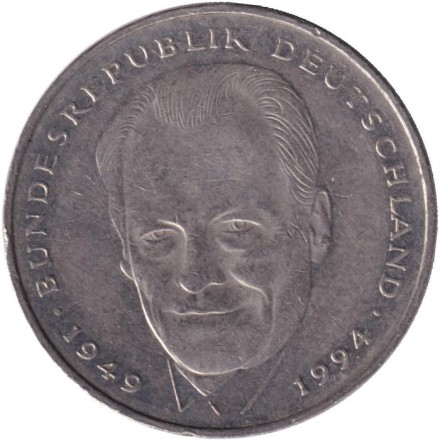 Монета 2 марки. 1994 год (J), ФРГ. Вилли Брандт.