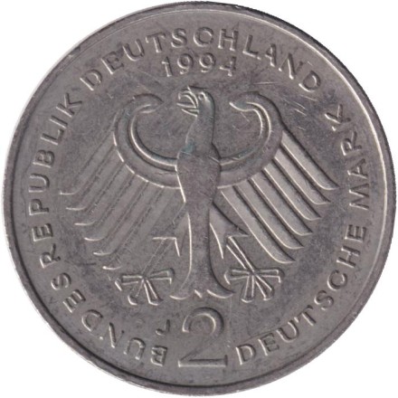 Монета 2 марки. 1994 год (J), ФРГ. Вилли Брандт. Монета 2 марки. 1994 год (J), ФРГ. Вилли Брандт.