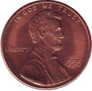Монета 1 цент. 1995 год (P), США. Линкольн. Монета 1 цент. 1995 год (P), США. Линкольн.