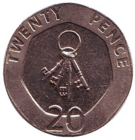 Монета 20 пенсов. 2013 год, Гибралтар. 4 ключа.