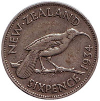 Гуйя. Монета 6 пенсов. 1934 год, Новая Зеландия. 