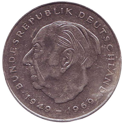 Монета 2 марки. 1983 год (J), ФРГ. Из обращения. Теодор Хойс.