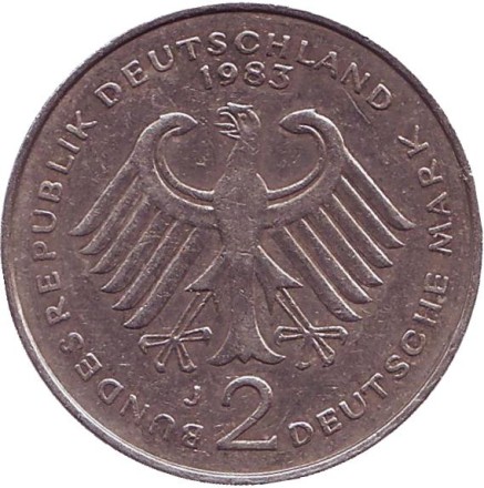 Монета 2 марки. 1983 год (J), ФРГ. Теодор Хойс.