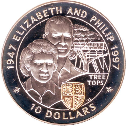 Монета 10 долларов. 1997 год, Фиджи. 50 лет свадьбе Королевы Елизаветы II и Принца Филиппа.