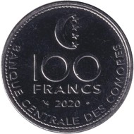 Монета 100 франков. 2020 год, Коморские острова. Тунец. Рыболовецкая лодка.