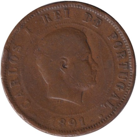 Монета 20 рейсов. 1891 год, Португалия. Монета 20 рейсов. 1891 год, Португалия.