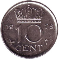 Монета 10 центов. 1978 год, Нидерланды. Монета 10 центов. 1978 год, Нидерланды.