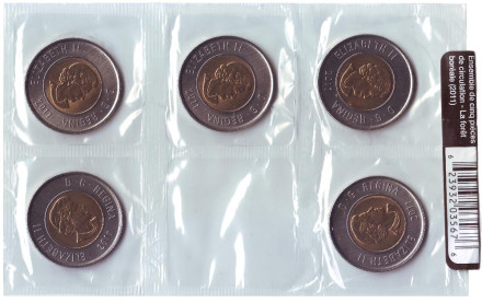 Тайга - половина суши Канады. Банковский набор из 5 монет в запайке. 2 доллара. 2011 год, Канада. Тайга - половина суши Канады. Банковский набор из 5 монет в запайке. 2 доллара. 2011 год, Канада.