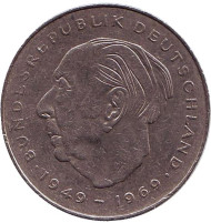 Монета 2 марки. 1977 год (J), ФРГ. Теодор Хойс. Монета 2 марки. 1977 год (J), ФРГ. Теодор Хойс.