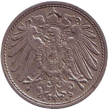 Монета 10 пфеннигов. 1915 год (A), Германская империя. Монета 10 пфеннигов. 1915 год (A), Германская империя.