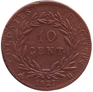 Монета 10 сантимов. 1827 год, Французские колонии. Монета 10 сантимов. 1827 год, Французские колонии.
