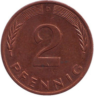 Монета 2 пфеннига. 1979 год (D), ФРГ. Дубовые листья. Монета 2 пфеннига. 1979 год (D), ФРГ. Дубовые листья.