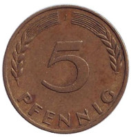 Монета 5 пфеннигов. 1950 год (J), ФРГ. Дубовые листья. Монета 5 пфеннигов. 1950 год (J), ФРГ. Дубовые листья.
