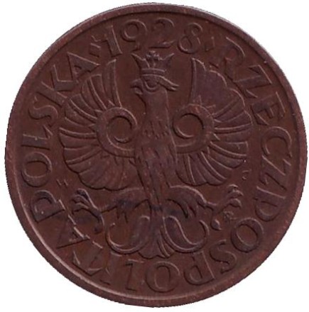 Монета 2 гроша. 1928 год, Польша.