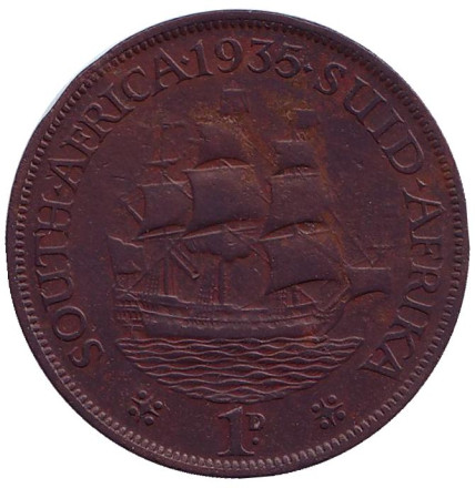Монета 1 пенни. 1935 год, Южная Африка. Корабль "Дромедарис".