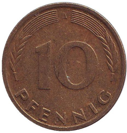 Монета 10 пфеннигов. 1992 год (A), ФРГ. Дубовые листья.