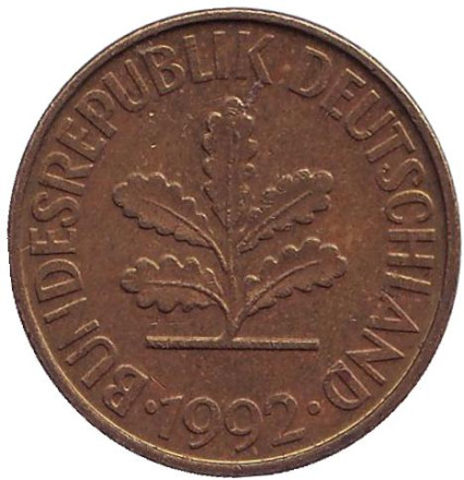Монета 10 пфеннигов. 1992 год (A), ФРГ. Дубовые листья.