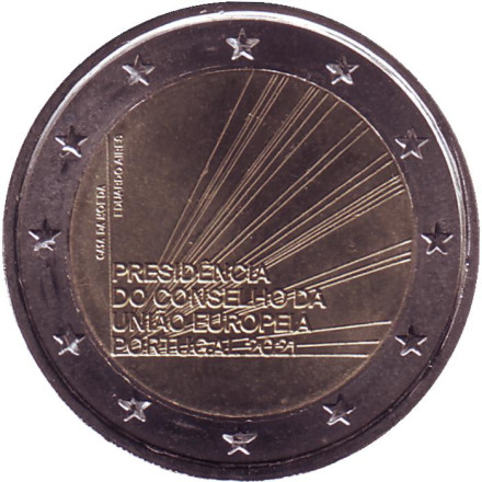 Монета 2 евро. 2021 год, Португалия. Председательство Португалии в Совете ЕС.