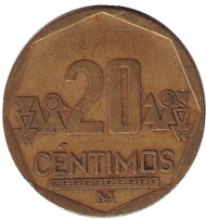 Монета 20 сентимов. 2004 год, Перу. Монета 20 сентимов. 2004 год, Перу.