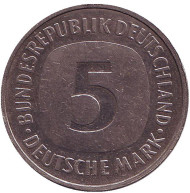 Монета 5 марок. 1990 год (F), ФРГ. Монета 5 марок. 1990 год (F), ФРГ.