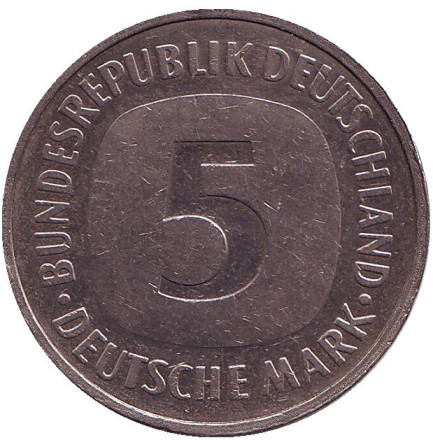 Монета 5 марок. 1990 год (F), ФРГ.