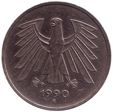 Монета 5 марок. 1990 год (F), ФРГ.