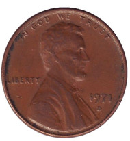 Монета 1 цент. 1971 год (D), США. Линкольн. Монета 1 цент. 1971 год (D), США. Линкольн.