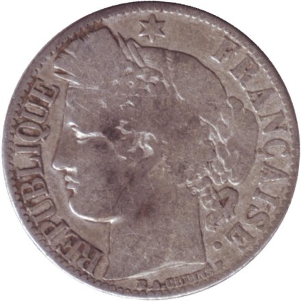 Монета 1 франк. 1872 год (А), Франция. Монета 1 франк. 1872 год (А), Франция.