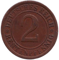 Монета 2 рентенпфеннига. 1924 год (A), Веймарская республика. Монета 2 рентенпфеннига. 1924 год (A), Веймарская республика.
