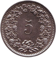 Монета 5 раппенов. 1979 год, Швейцария. Монета 5 раппенов. 1979 год, Швейцария.