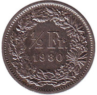 Монета 1/2 франка. 1980 год, Швейцария. Монета 1/2 франка. 1980 год, Швейцария.