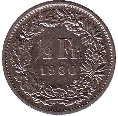 Монета 1/2 франка. 1980 год, Швейцария.