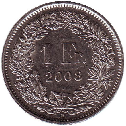 Монета 1 франк. 2008 (В) год, Швейцария. Гельвеция.