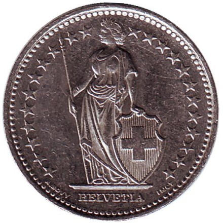 Монета 1 франк. 2008 (В) год, Швейцария. Гельвеция. Монета 1 франк. 2008 (В) год, Швейцария. Гельвеция.