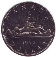 Индейцы в каноэ. Монета 1 доллар. 1975 год, Канада. UNC.