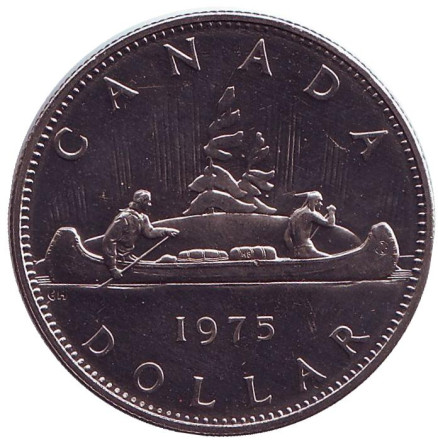 Монета 1 доллар. 1975 год, Канада. UNC. Индейцы в каноэ.