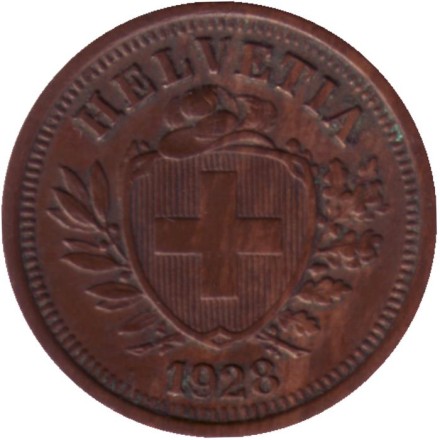 Монета 1 раппен. 1928 год, Швейцария.