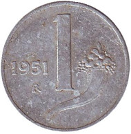 Монета 1 лира. 1951 год, Италия. Рог изобилия. Монета 1 лира. 1951 год, Италия. Рог изобилия.