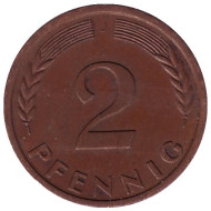Монета 2 пфеннига. 1958 год (J), ФРГ. Дубовые листья. Монета 2 пфеннига. 1958 год (J), ФРГ. Дубовые листья.