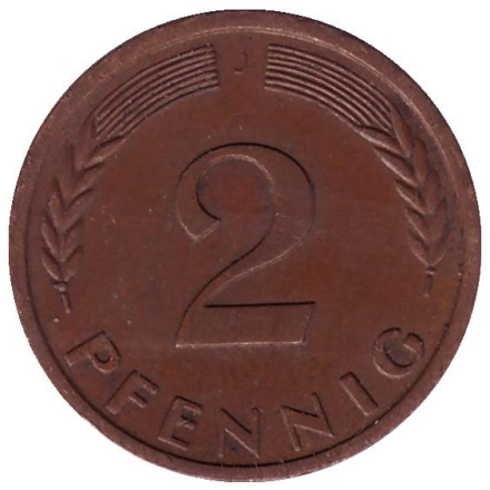 Монета 2 пфеннига. 1958 год (J), ФРГ. Дубовые листья.