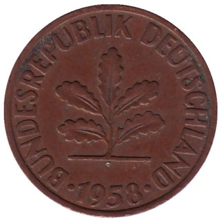 Монета 2 пфеннига. 1958 год (J), ФРГ. Дубовые листья.
